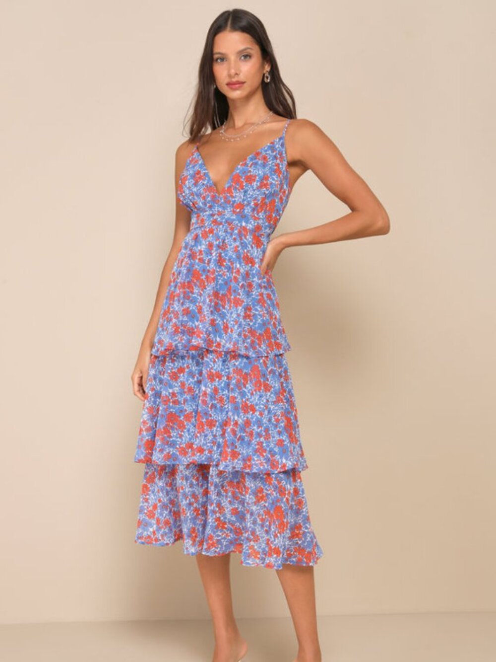 Lulus Blue Floral Print Tiered Midi Dress - Size M